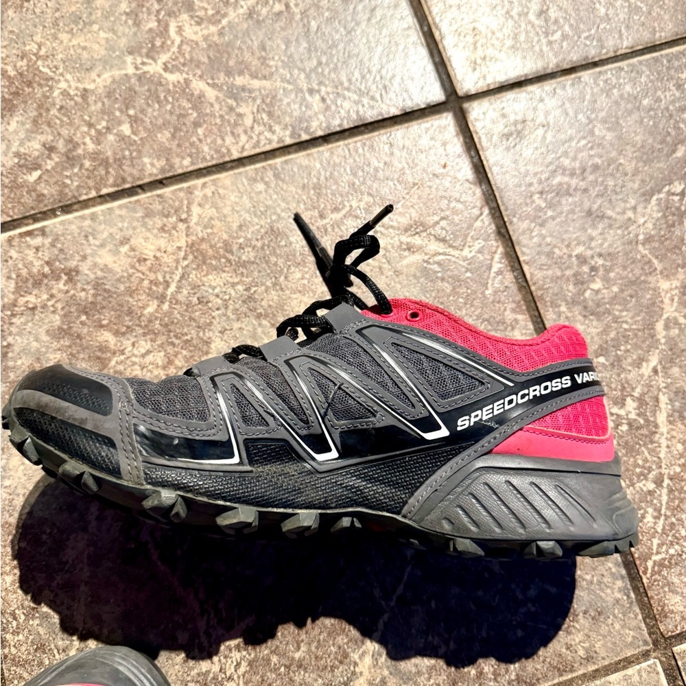 Gray and Pink Athletic Shoes with Quick-Lace System